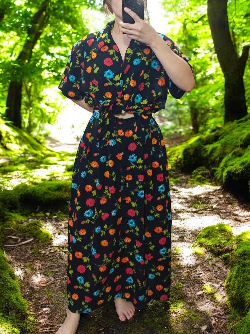 Vintage Floral Black Shirt and Long Skirt Set L